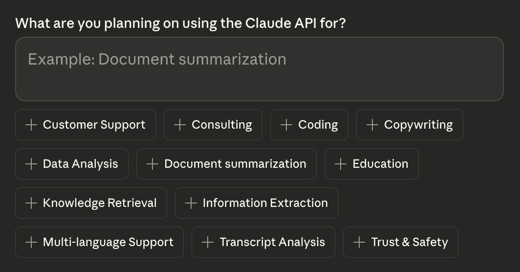 online form: “what are you planning on using claude for?” one of the options is “trust & safety”
