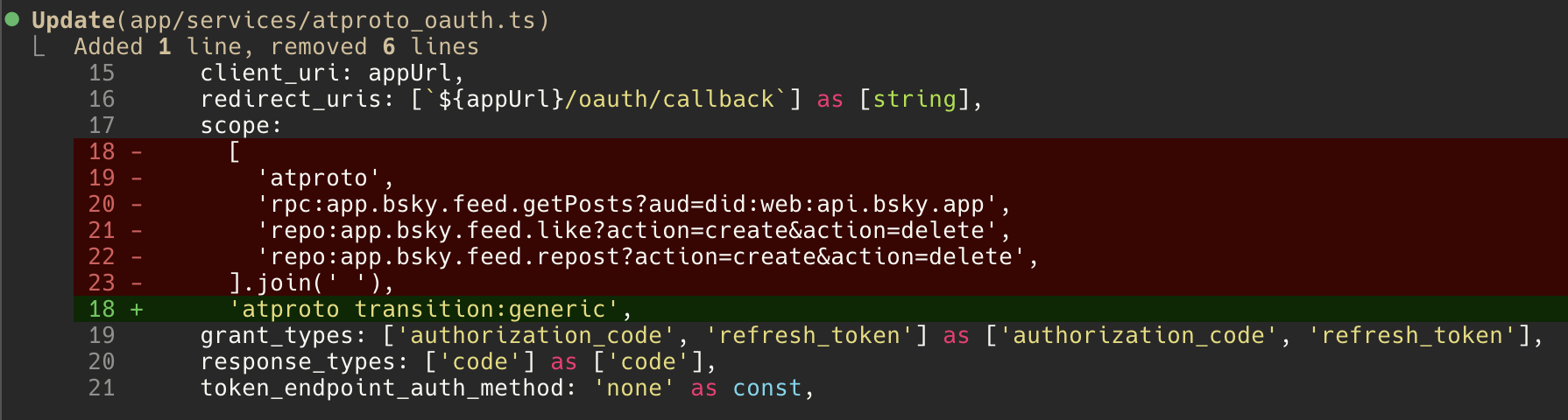 a code diff replacing granular oauth scopes with transition:generic